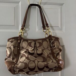 Coach Brown and Tan Signature Shoulder Bag